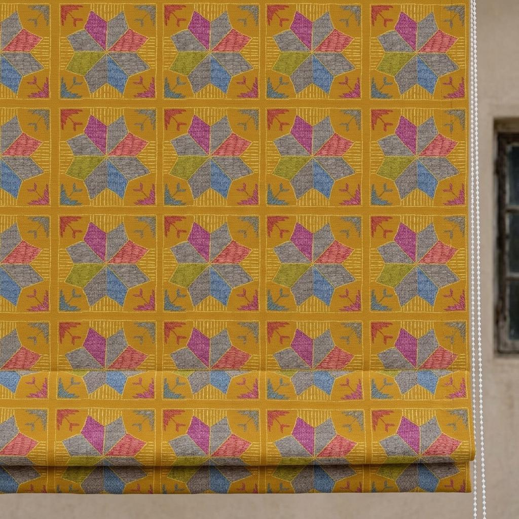 Custom Roman Shade, Mustard Geometric Printed Cotton Linen Blind, Boho Window Treatment, Blackout or Light Filtering — image 3