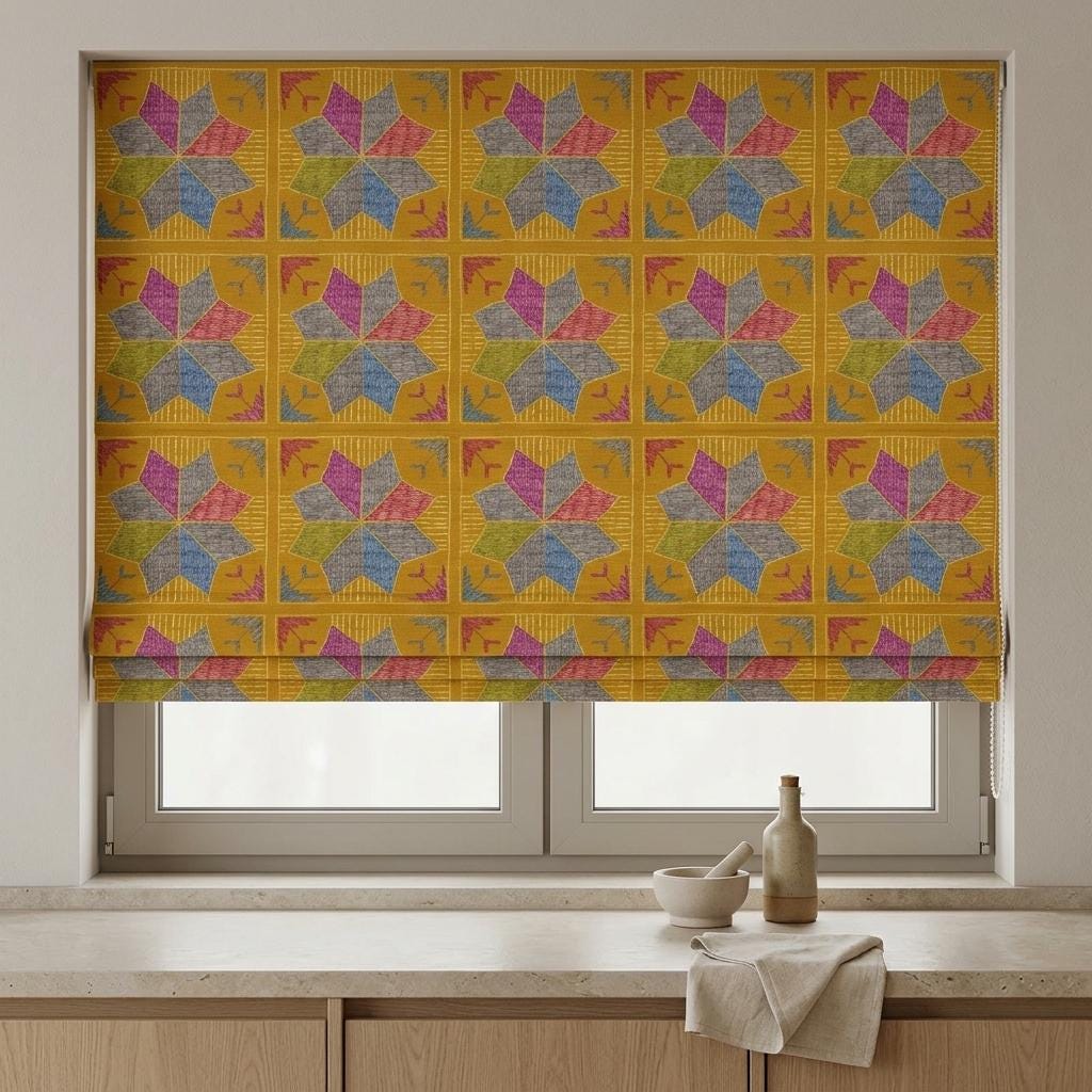 Custom Roman Shade, Mustard Geometric Printed Cotton Linen Blind, Boho Window Treatment, Blackout or Light Filtering — image 4