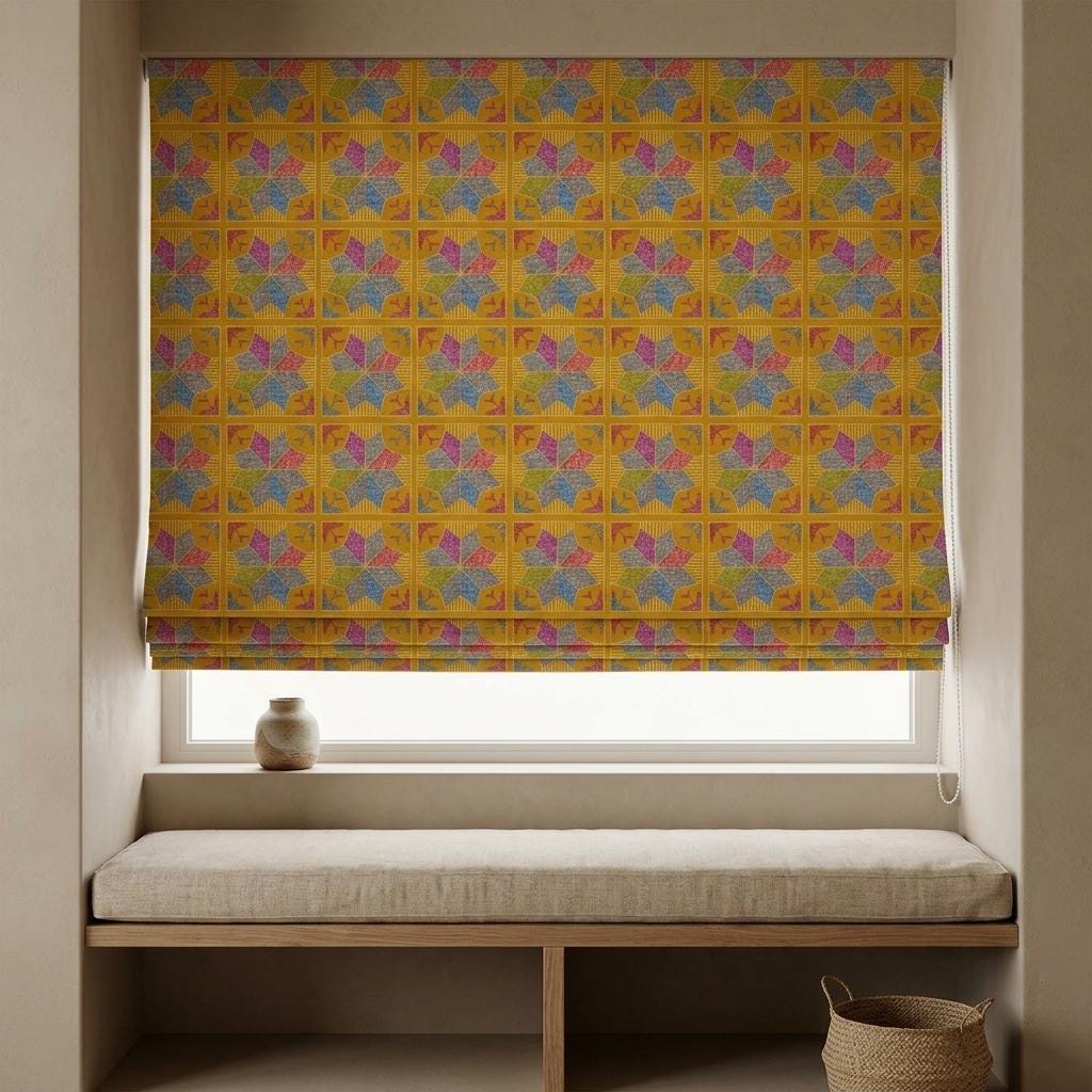 Custom Roman Shade, Mustard Geometric Printed Cotton Linen Blind, Boho Window Treatment, Blackout or Light Filtering — image 9