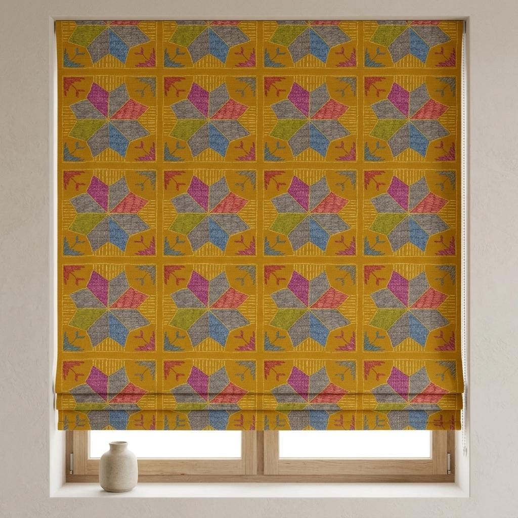 Custom Roman Shade, Mustard Geometric Printed Cotton Linen Blind, Boho Window Treatment, Blackout or Light Filtering — image 2