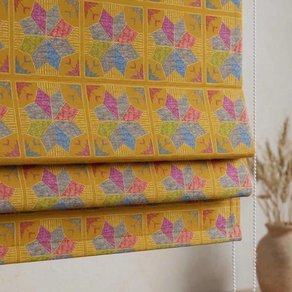 Custom Roman Shade, Mustard Geometric Printed Cotton Linen Blind, Boho Window Treatment, Blackout or Light Filtering — image 1