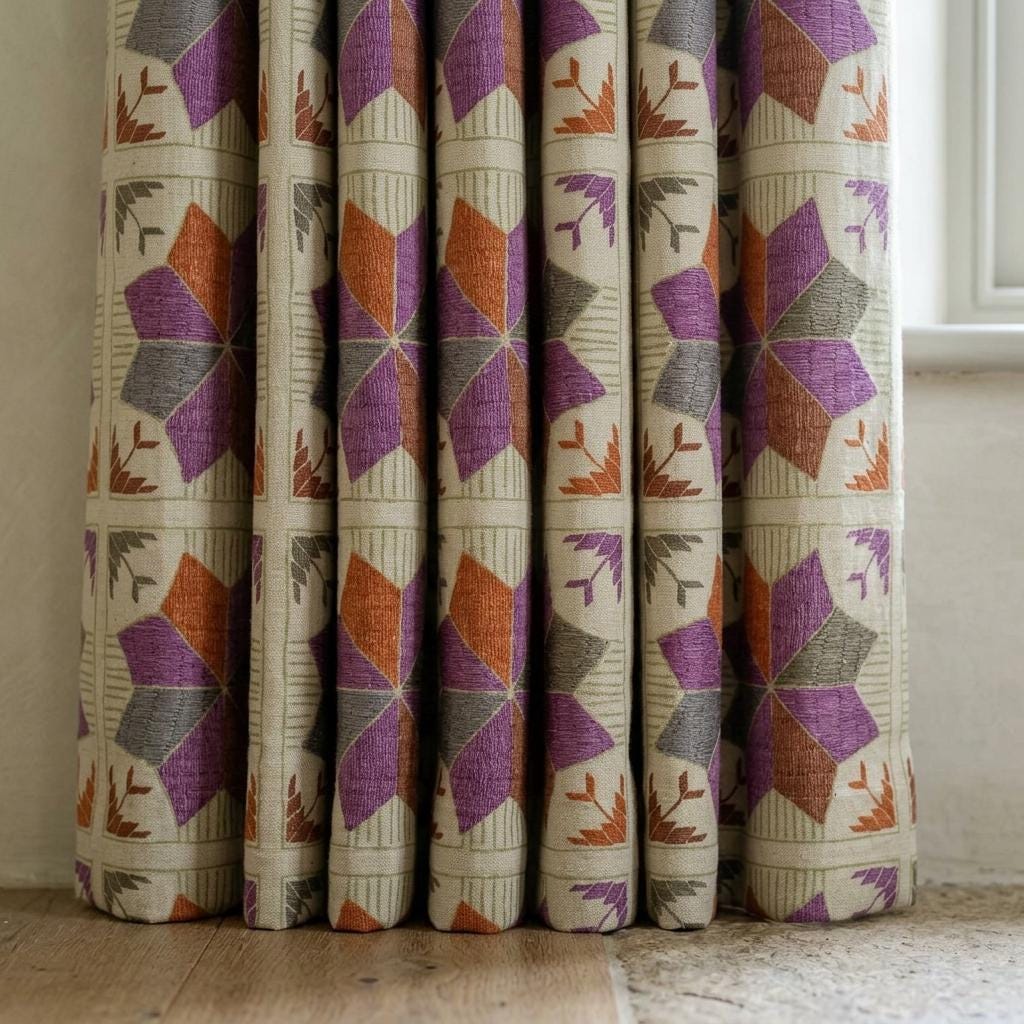 Ivory Geometric Linen Cotton Curtains, Purple Rust Gray Mid Century Boho Drapes, Custom Blackout Window Panels — image 3