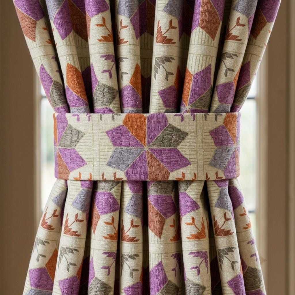 Ivory Geometric Linen Cotton Curtains, Purple Rust Gray Mid Century Boho Drapes, Custom Blackout Window Panels — image 5