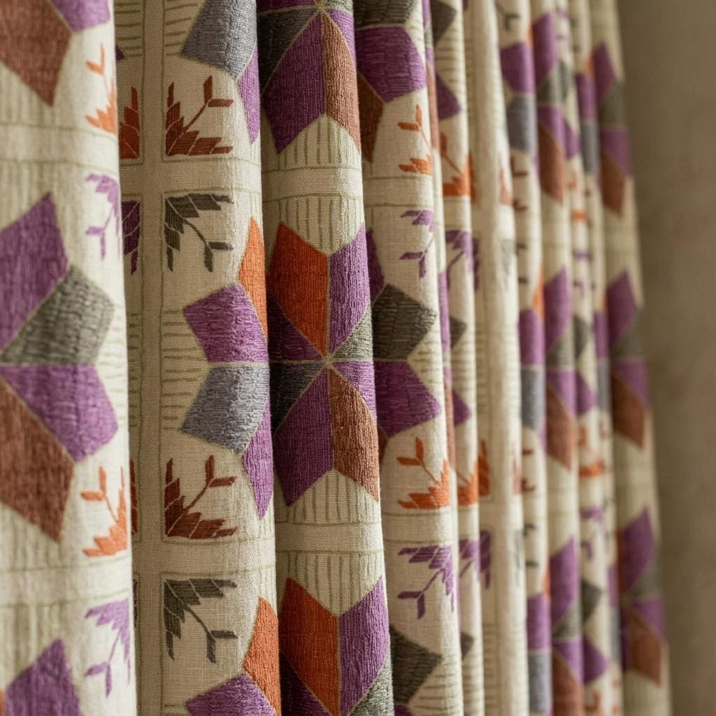 Ivory Geometric Linen Cotton Curtains, Purple Rust Gray Mid Century Boho Drapes, Custom Blackout Window Panels — image 8