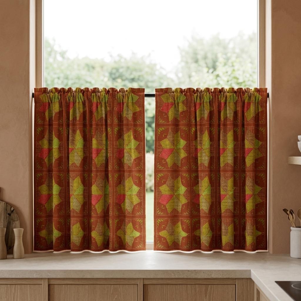 Terracotta Rust Geometric Linen Cotton Curtains, Olive Green Coral Mid Century Boho Drapes, Custom Blackout Window Panels — image 5