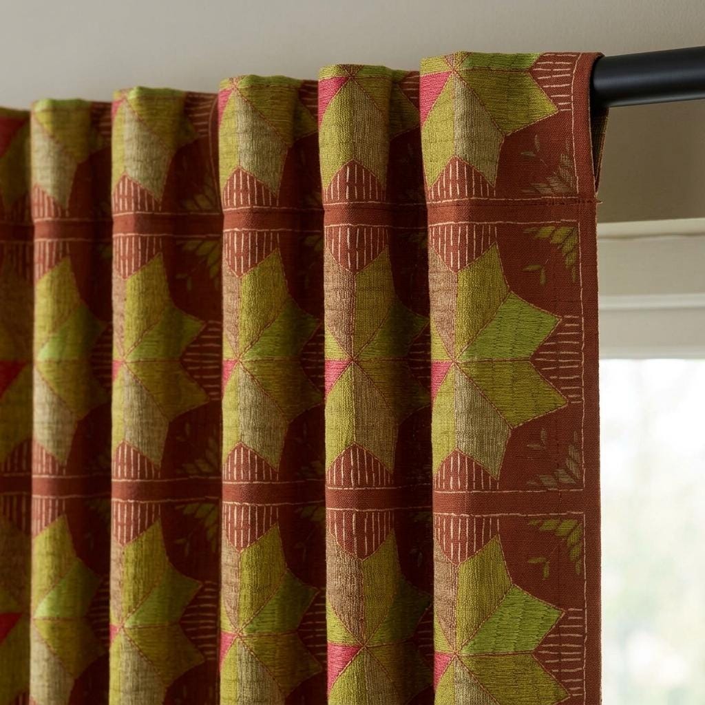 Terracotta Rust Geometric Linen Cotton Curtains, Olive Green Coral Mid Century Boho Drapes, Custom Blackout Window Panels — image 8