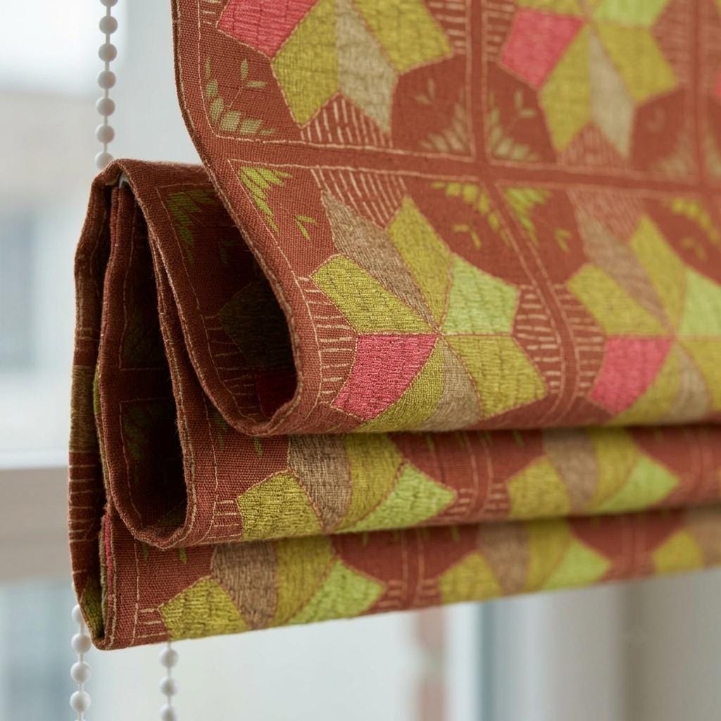 Custom Roman Shade, Rust Brown Cotton Linen Blind, Olive Green Geometric Floral Print, Boho Blackout or Light Filtering Shade — image 3
