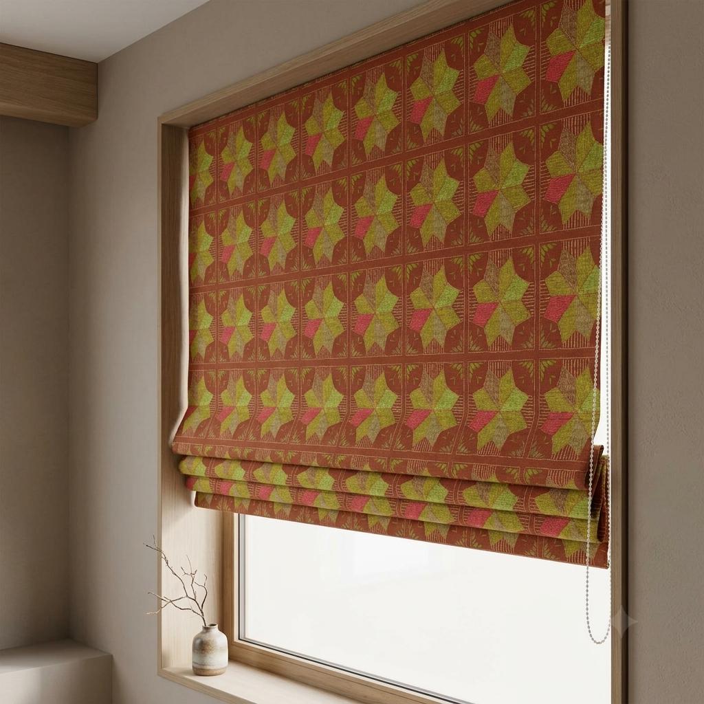 Custom Roman Shade, Rust Brown Cotton Linen Blind, Olive Green Geometric Floral Print, Boho Blackout or Light Filtering Shade — image 8