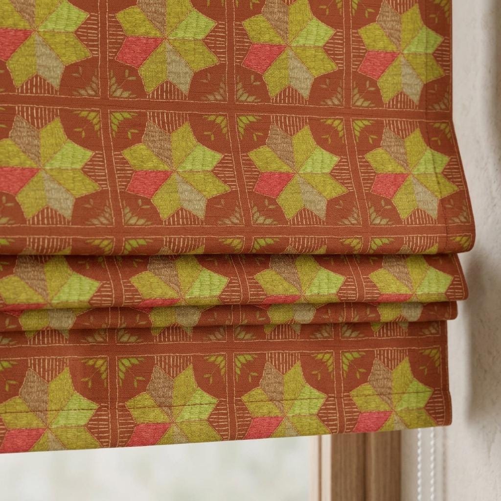 Custom Roman Shade, Rust Brown Cotton Linen Blind, Olive Green Geometric Floral Print, Boho Blackout or Light Filtering Shade — image 7