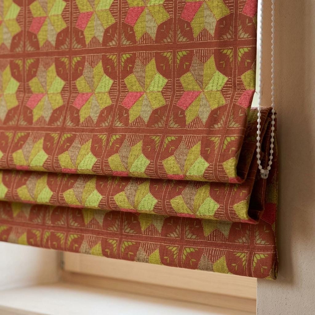 Custom Roman Shade, Rust Brown Cotton Linen Blind, Olive Green Geometric Floral Print, Boho Blackout or Light Filtering Shade — image 1
