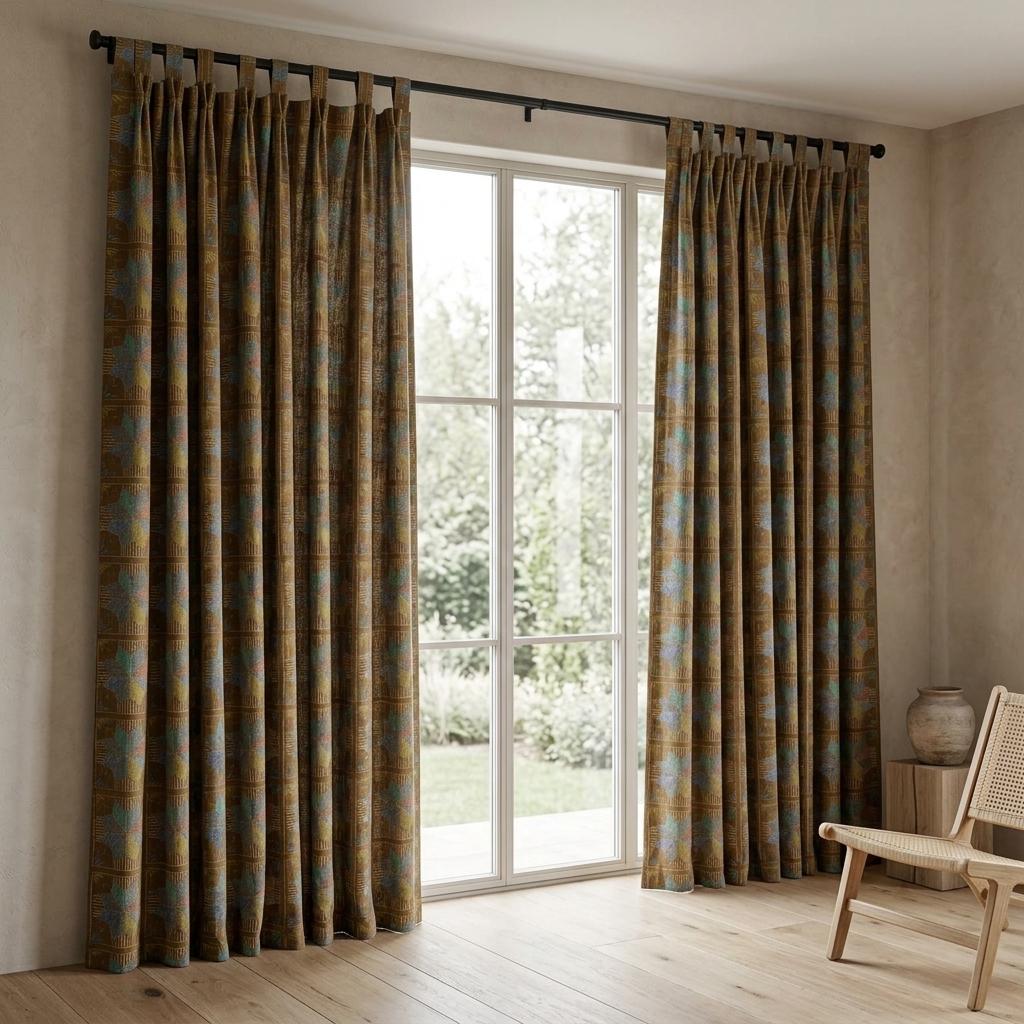 Olive Brown Geometric Linen Cotton Curtains, Blue Teal Mustard Mid Century Drapes, Custom Blackout Window Panels — image 10