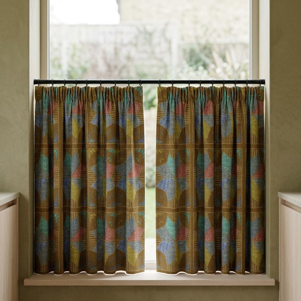 Olive Brown Geometric Linen Cotton Curtains, Blue Teal Mustard Mid Century Drapes, Custom Blackout Window Panels — image 7