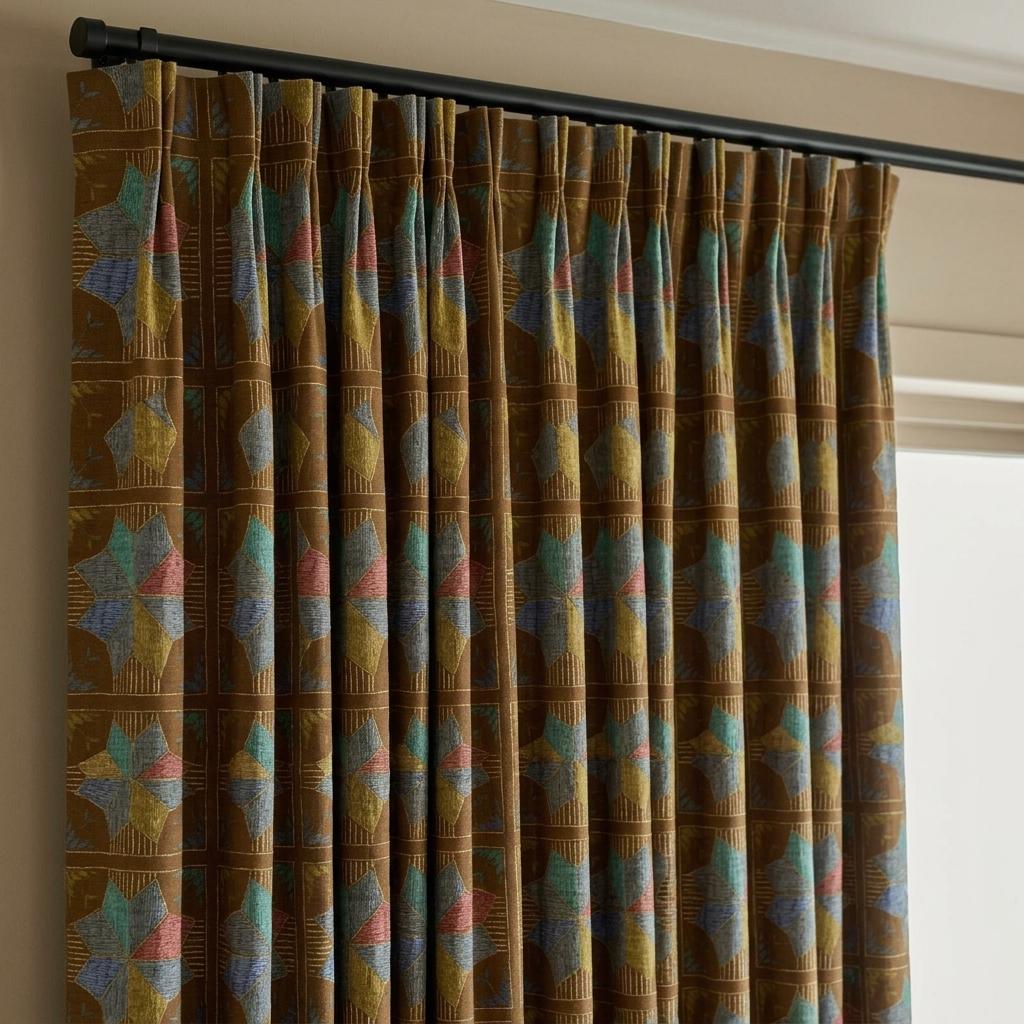 Olive Brown Geometric Linen Cotton Curtains, Blue Teal Mustard Mid Century Drapes, Custom Blackout Window Panels — image 8