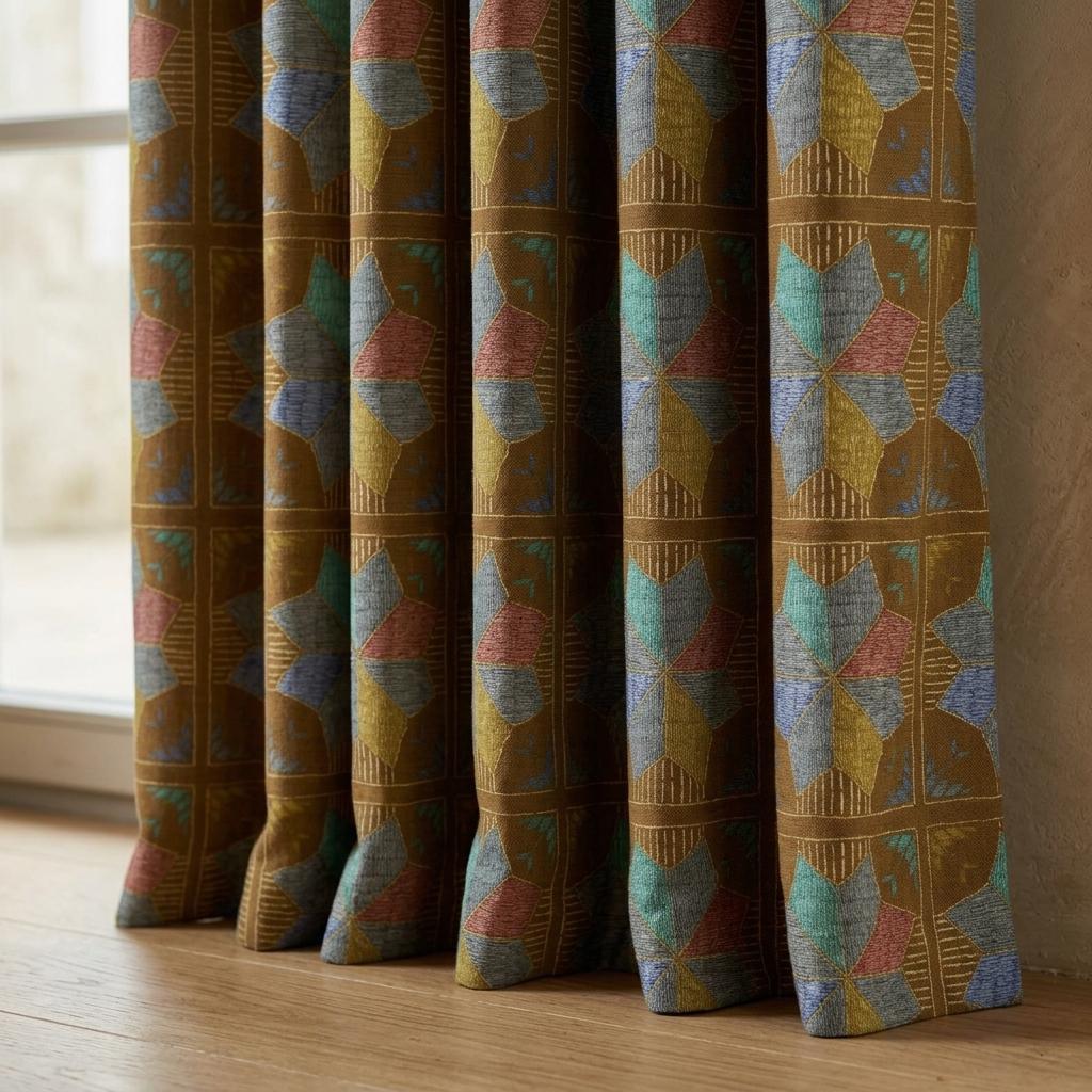 Olive Brown Geometric Linen Cotton Curtains, Blue Teal Mustard Mid Century Drapes, Custom Blackout Window Panels — image 3