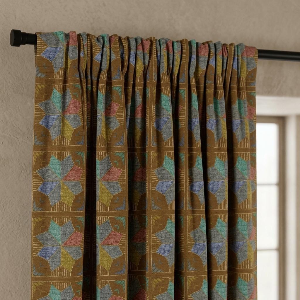 Olive Brown Geometric Linen Cotton Curtains, Blue Teal Mustard Mid Century Drapes, Custom Blackout Window Panels — image 5