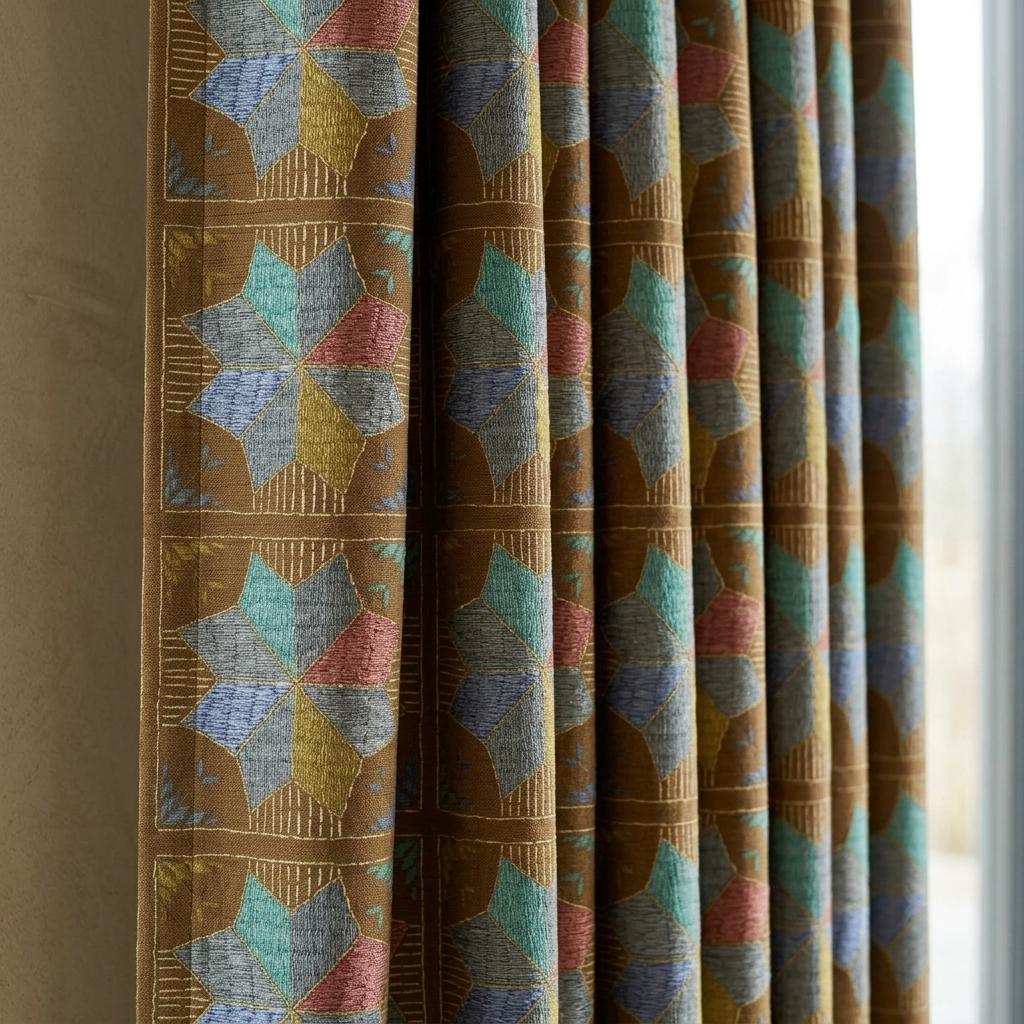 Olive Brown Geometric Linen Cotton Curtains, Blue Teal Mustard Mid Century Drapes, Custom Blackout Window Panels — image 1