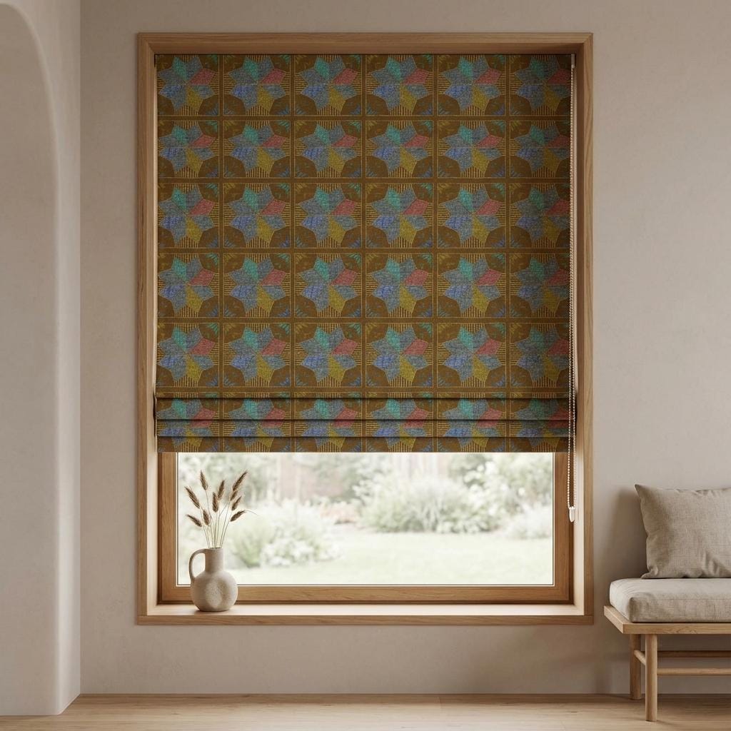 Custom Roman Shade, Tobacco Brown Cotton Linen Blind, Teal Blue Geometric Floral Print, Blackout or Light Filtering — image 4