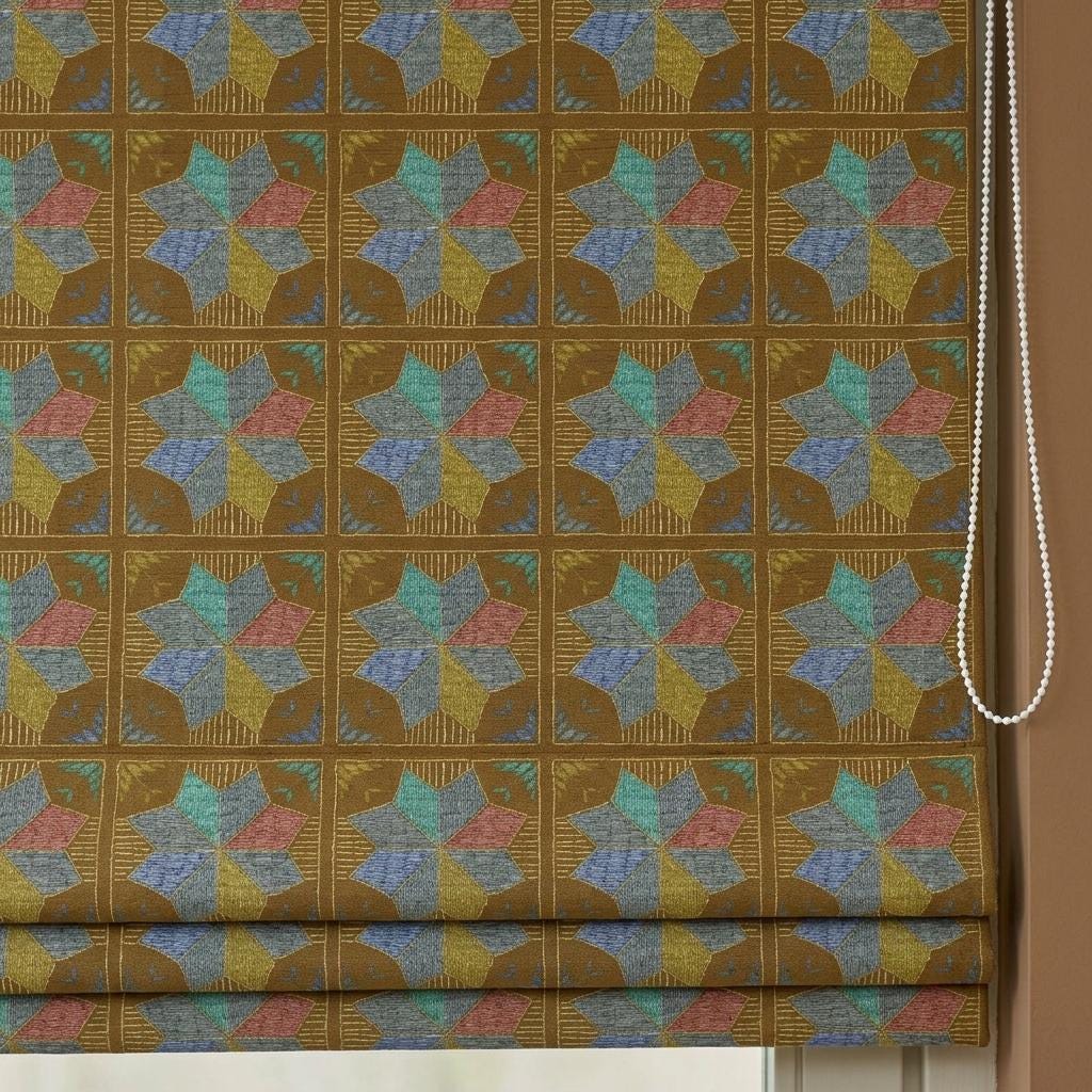 Custom Roman Shade, Tobacco Brown Cotton Linen Blind, Teal Blue Geometric Floral Print, Blackout or Light Filtering — image 6