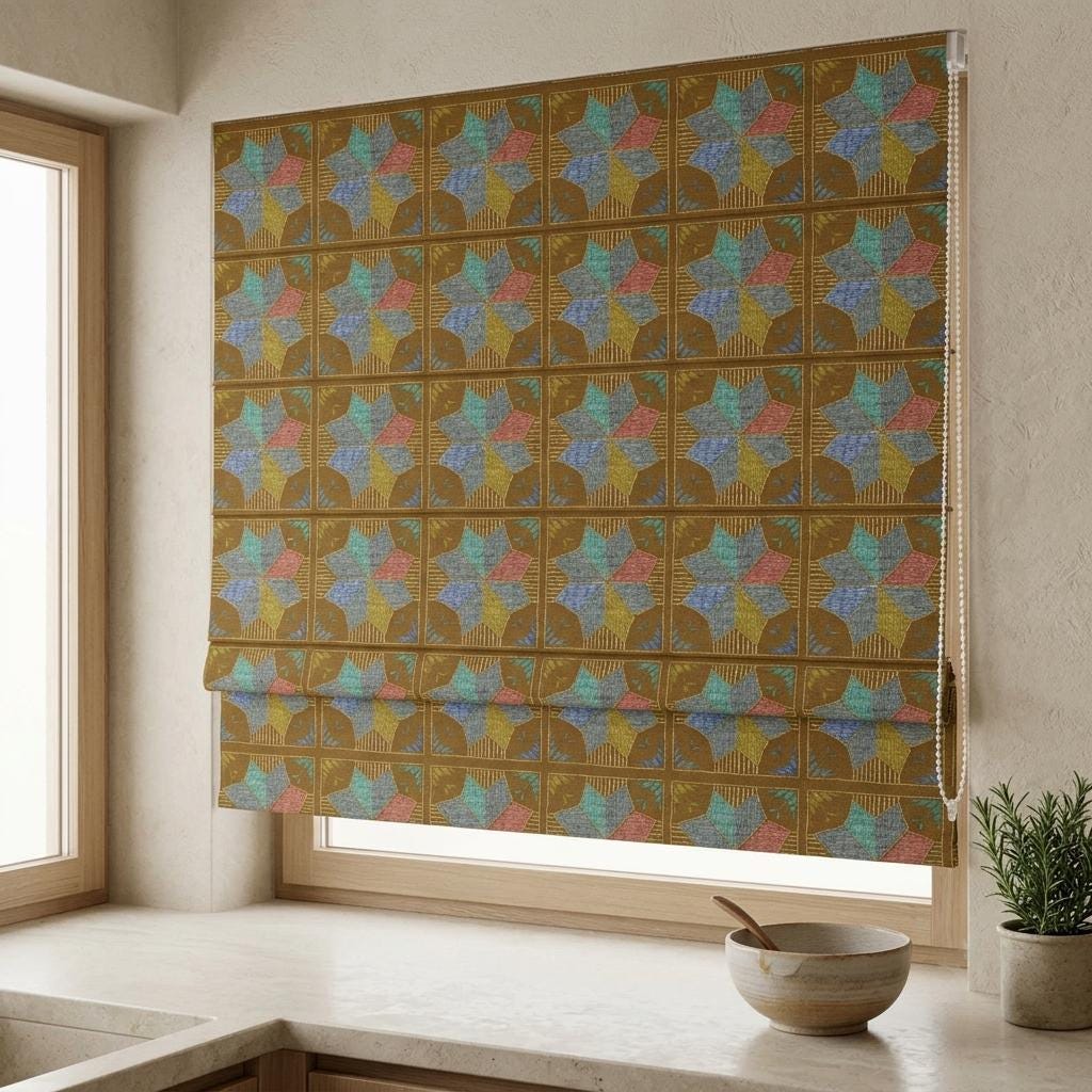 Custom Roman Shade, Tobacco Brown Cotton Linen Blind, Teal Blue Geometric Floral Print, Blackout or Light Filtering — image 5