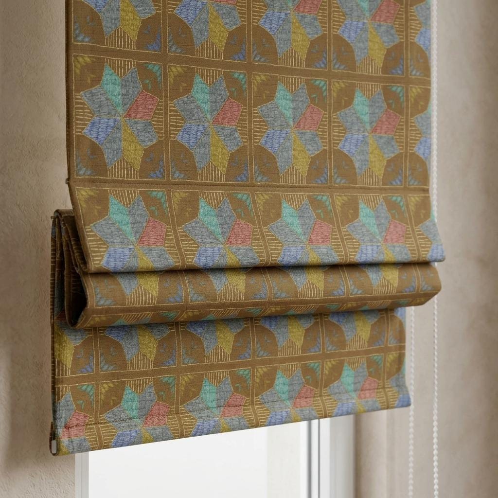 Custom Roman Shade, Tobacco Brown Cotton Linen Blind, Teal Blue Geometric Floral Print, Blackout or Light Filtering — image 10
