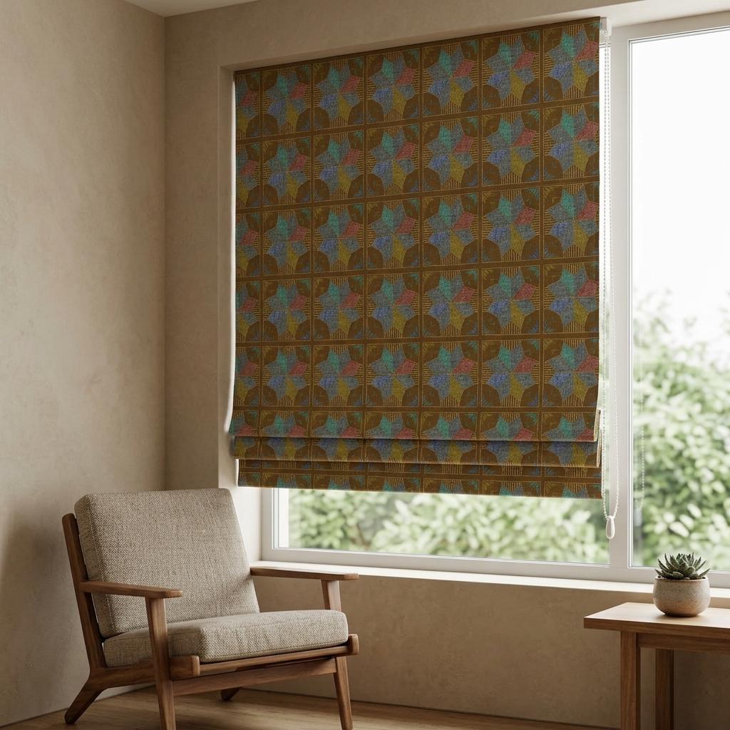 Custom Roman Shade, Tobacco Brown Cotton Linen Blind, Teal Blue Geometric Floral Print, Blackout or Light Filtering — image 7