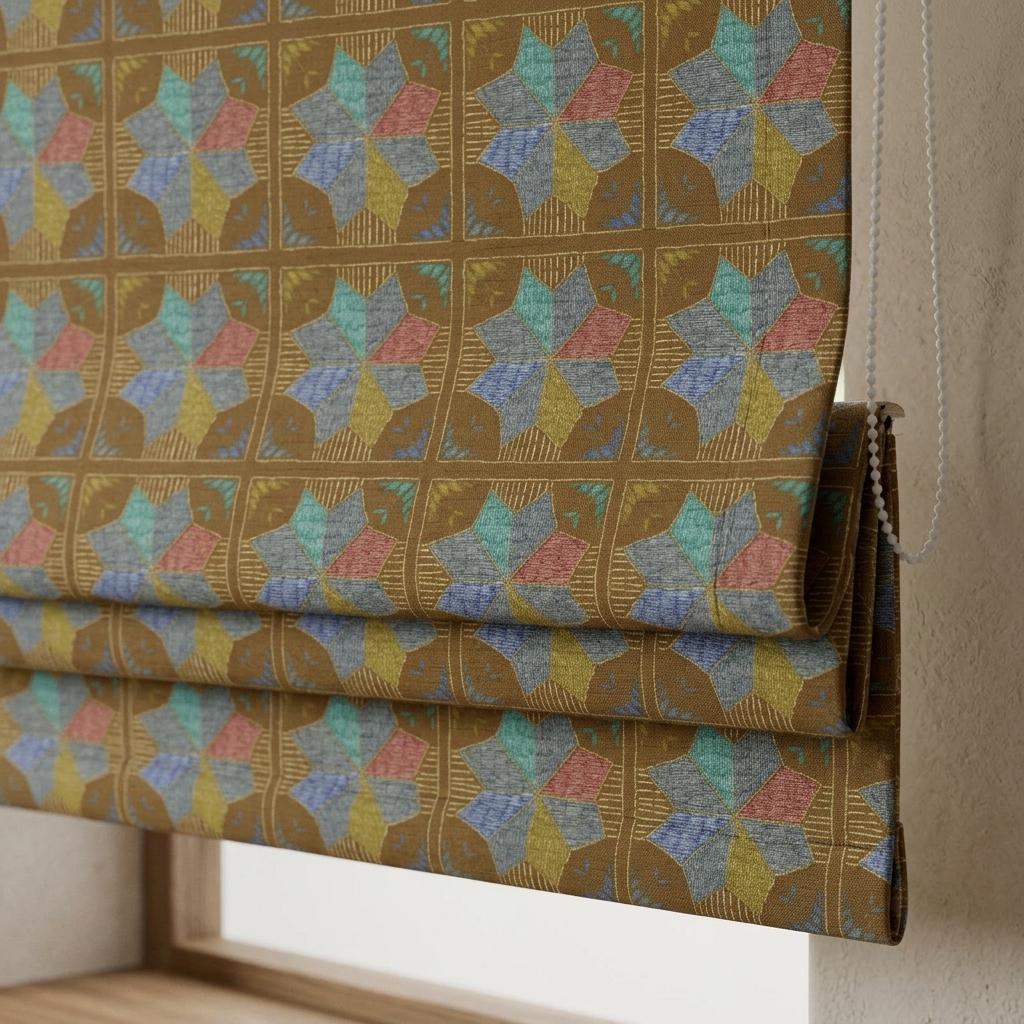 Custom Roman Shade, Tobacco Brown Cotton Linen Blind, Teal Blue Geometric Floral Print, Blackout or Light Filtering — image 1