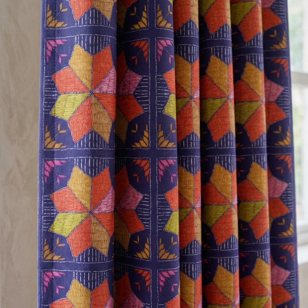 Navy Blue Geometric Linen Cotton Curtains, Orange Pink Mustard Mid Century Drapes, Custom Blackout Window Panels — image 3
