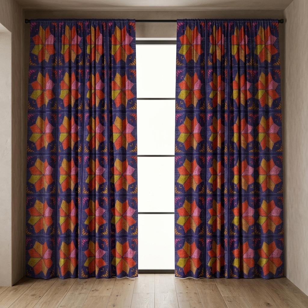 Navy Blue Geometric Linen Cotton Curtains, Orange Pink Mustard Mid Century Drapes, Custom Blackout Window Panels — image 10