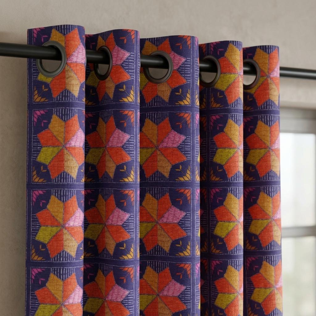 Navy Blue Geometric Linen Cotton Curtains, Orange Pink Mustard Mid Century Drapes, Custom Blackout Window Panels — image 6