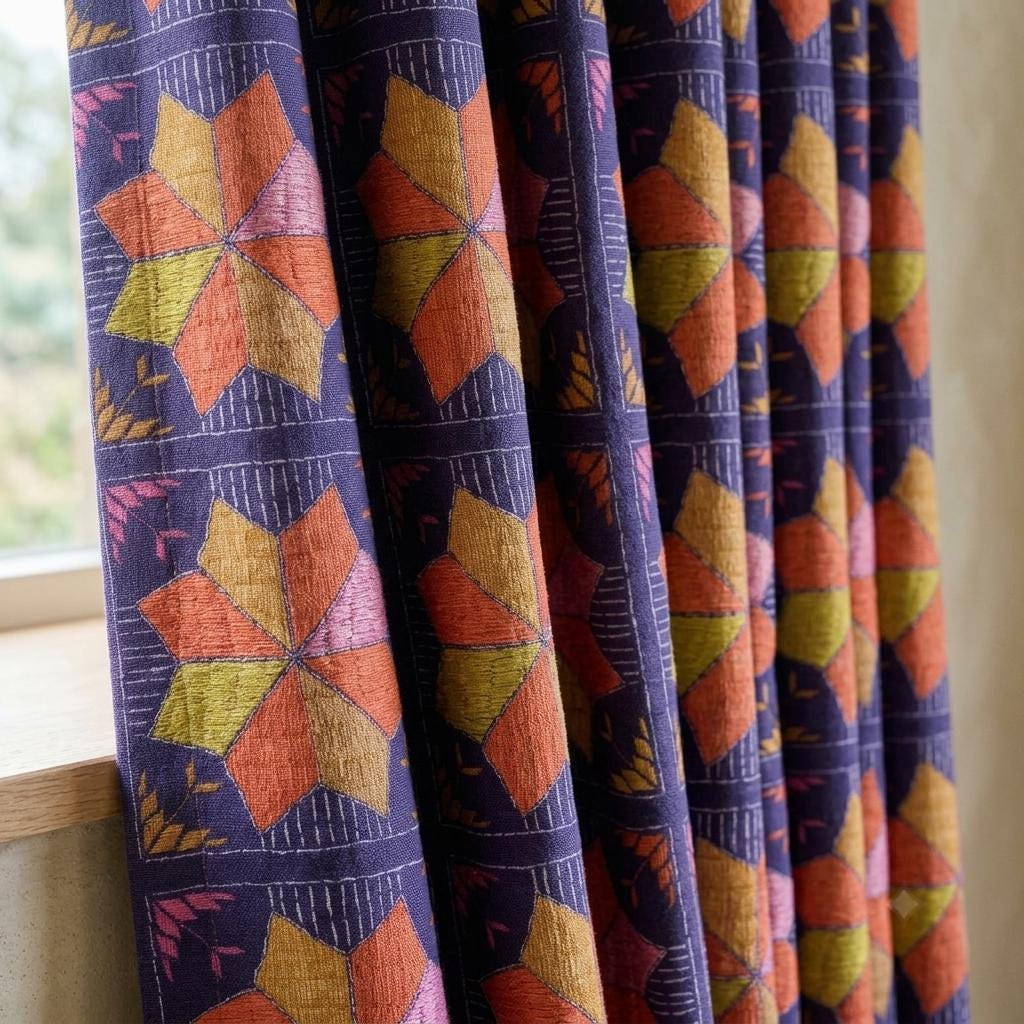 Navy Blue Geometric Linen Cotton Curtains, Orange Pink Mustard Mid Century Drapes, Custom Blackout Window Panels — image 1