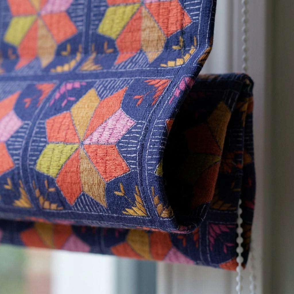 Custom Roman Shade, Navy Blue Cotton Linen Blind, Coral Pink Geometric Boho Window Treatment, Blackout or Light Filtering — image 1
