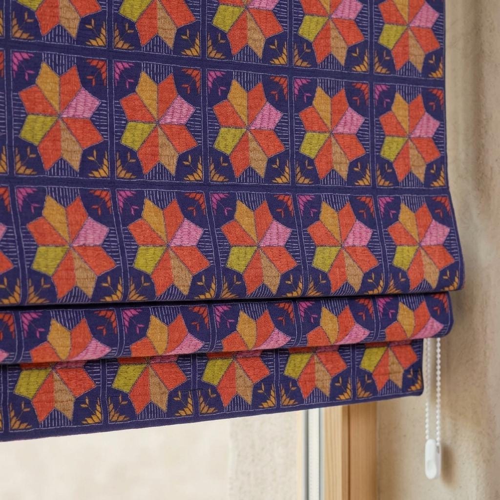 Custom Roman Shade, Navy Blue Cotton Linen Blind, Coral Pink Geometric Boho Window Treatment, Blackout or Light Filtering — image 1