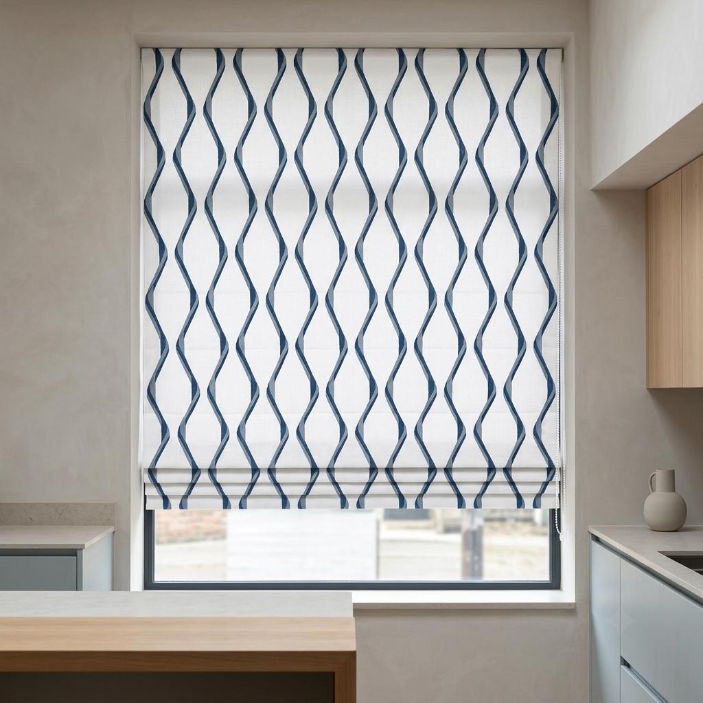 White Navy Linen Roman Shade, Blue Wavy Geometric Embroidered Custom Blind, Blackout or Light Filtering Window Shade — image 3