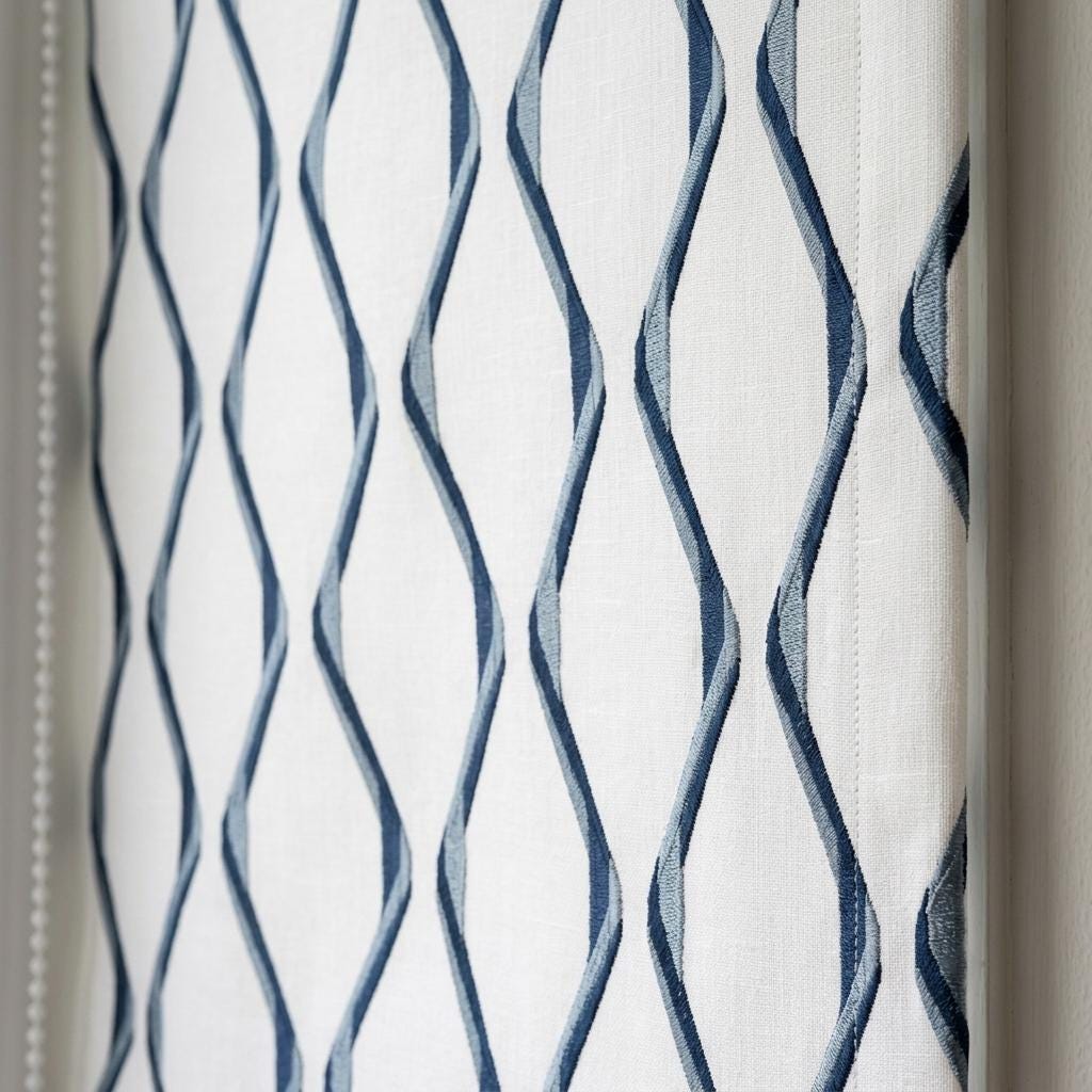 White Navy Linen Roman Shade, Blue Wavy Geometric Embroidered Custom Blind, Blackout or Light Filtering Window Shade — image 4