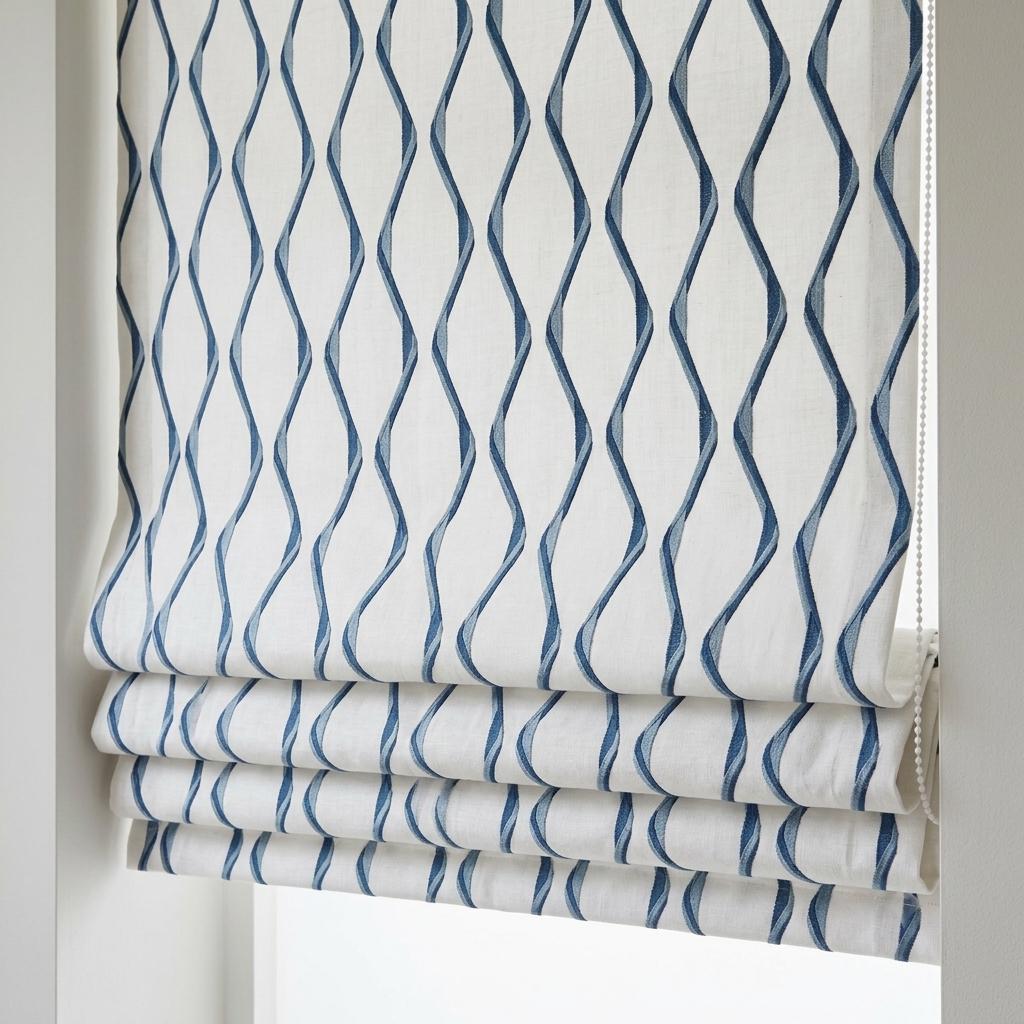 White Navy Linen Roman Shade, Blue Wavy Geometric Embroidered Custom Blind, Blackout or Light Filtering Window Shade — image 2