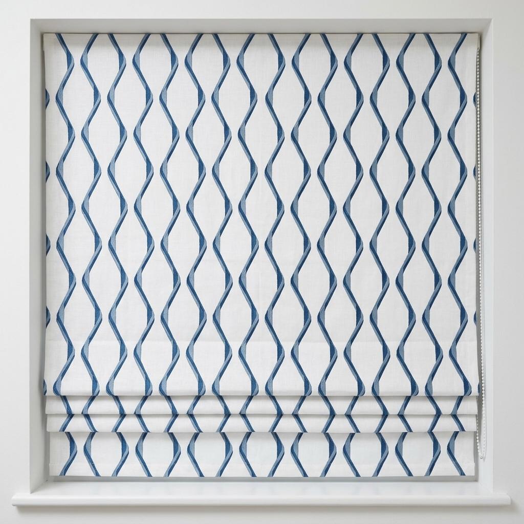 White Navy Linen Roman Shade, Blue Wavy Geometric Embroidered Custom Blind, Blackout or Light Filtering Window Shade — image 9
