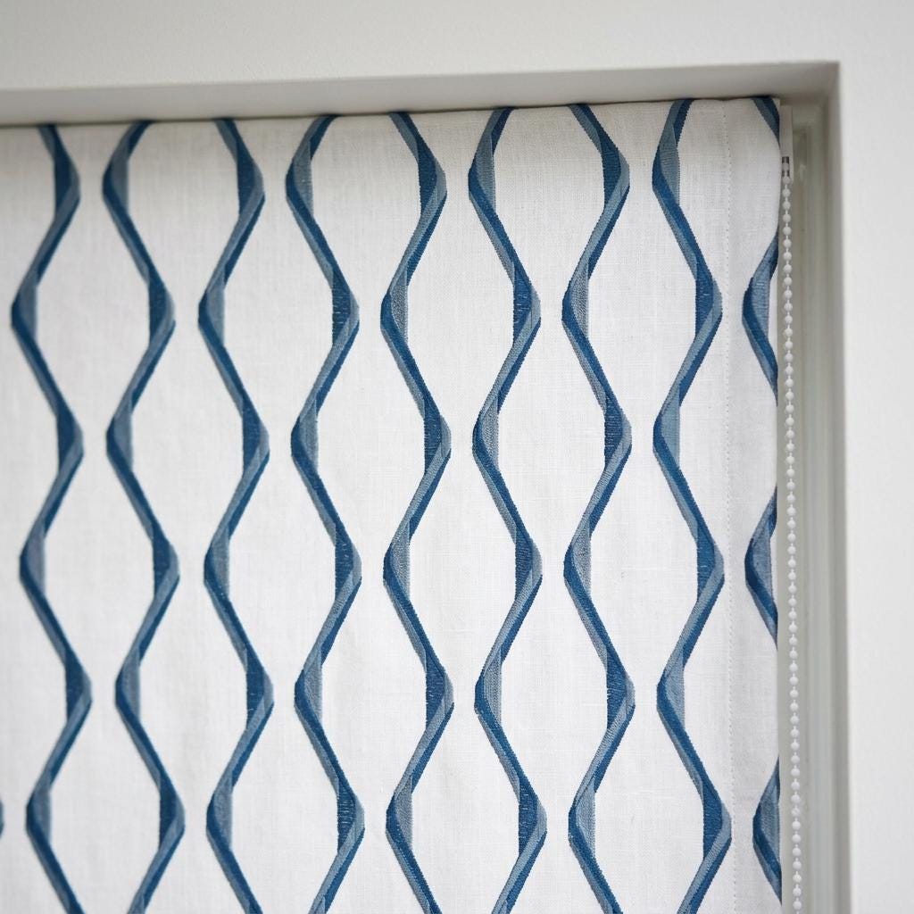 White Navy Linen Roman Shade, Blue Wavy Geometric Embroidered Custom Blind, Blackout or Light Filtering Window Shade — image 8