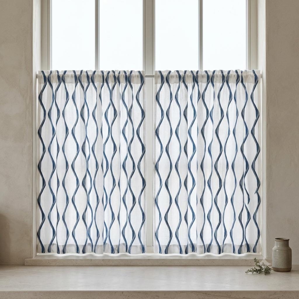 White & Navy Pure Linen Curtains, Blue Ogee Trellis Embroidered Drapes, Custom Blackout or Light Filtering Panels — image 9