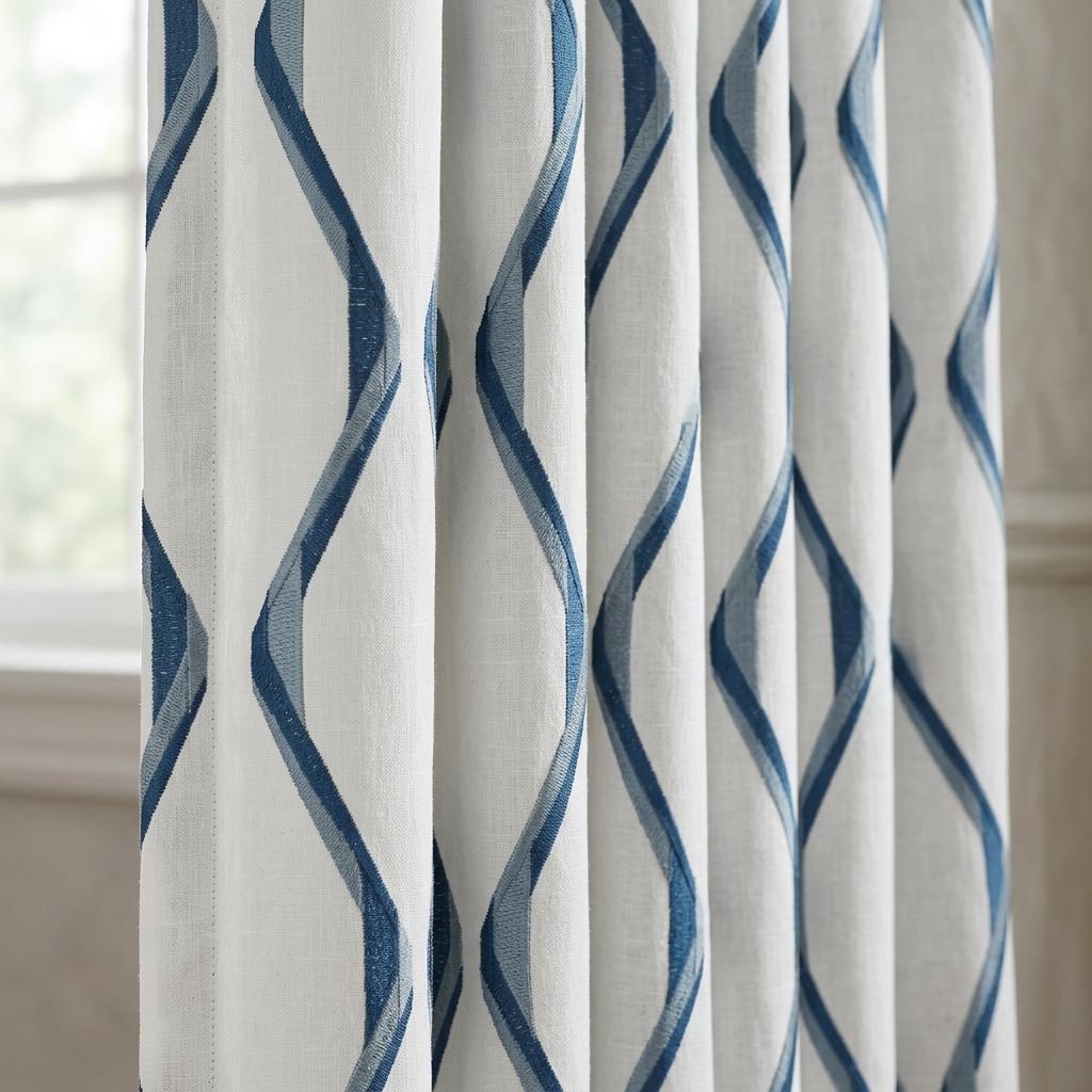 White & Navy Pure Linen Curtains, Blue Ogee Trellis Embroidered Drapes, Custom Blackout or Light Filtering Panels — image 6