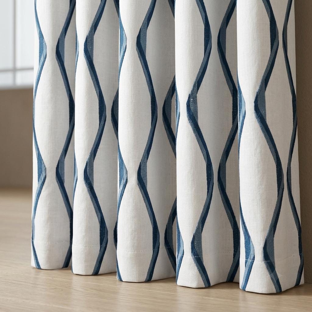 White & Navy Pure Linen Curtains, Blue Ogee Trellis Embroidered Drapes, Custom Blackout or Light Filtering Panels — image 3