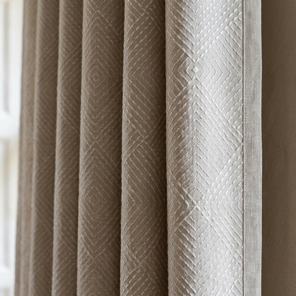 Seminatural Pearl Pure Linen Curtains, Greige & White Diamond Embroidered Drapes, Custom Blackout or Light Filtering Panels — image 2