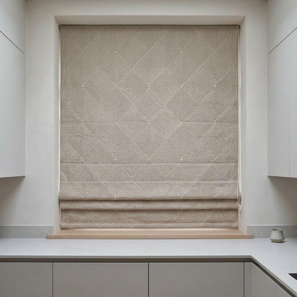 Seminatural Pearl Linen Roman Shade, White Diamond Geometric Embroidered Blind, Blackout or Light Filtering — image 2