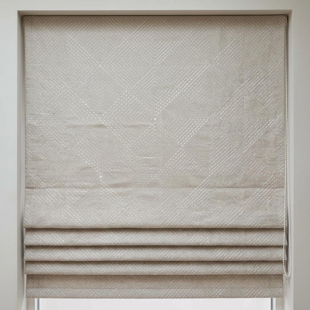 Seminatural Pearl Linen Roman Shade, White Diamond Geometric Embroidered Blind, Blackout or Light Filtering — image 5