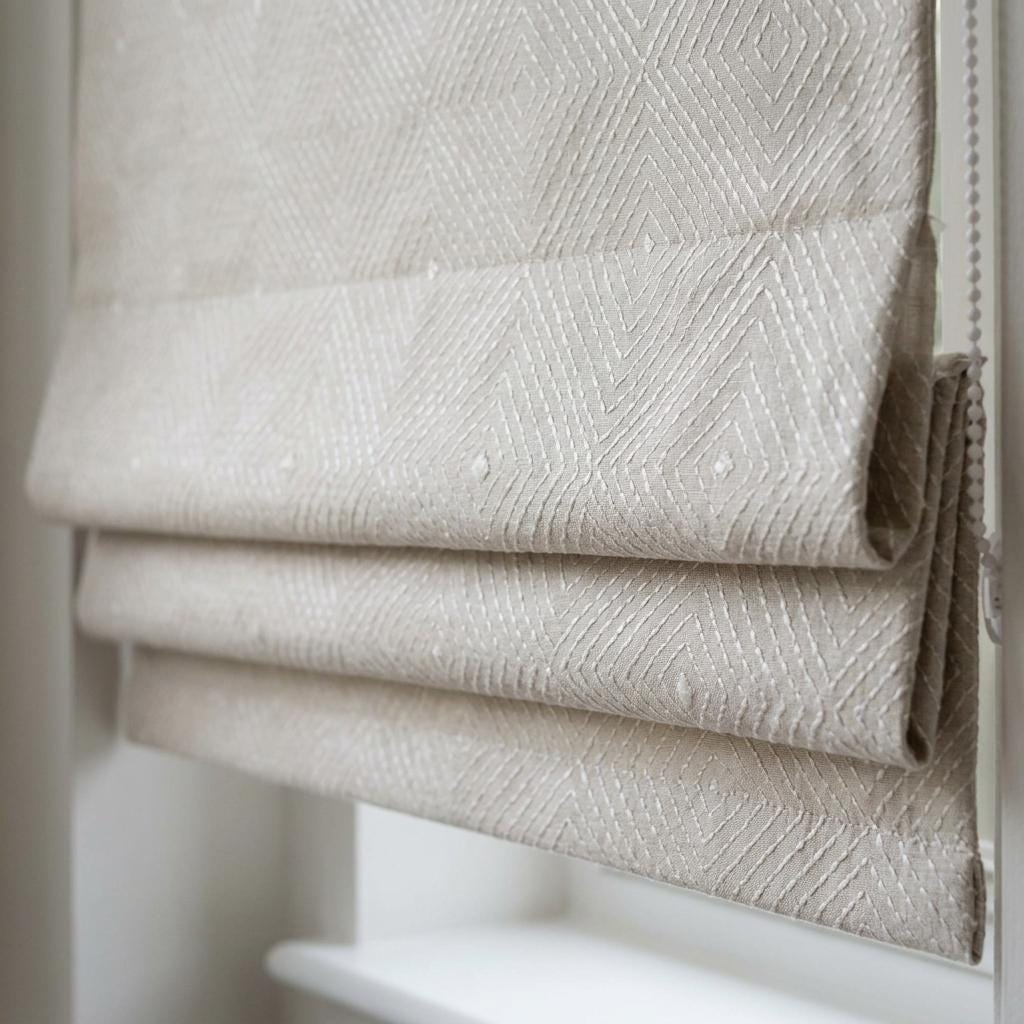 Seminatural Pearl Linen Roman Shade, White Diamond Geometric Embroidered Blind, Blackout or Light Filtering — image 8
