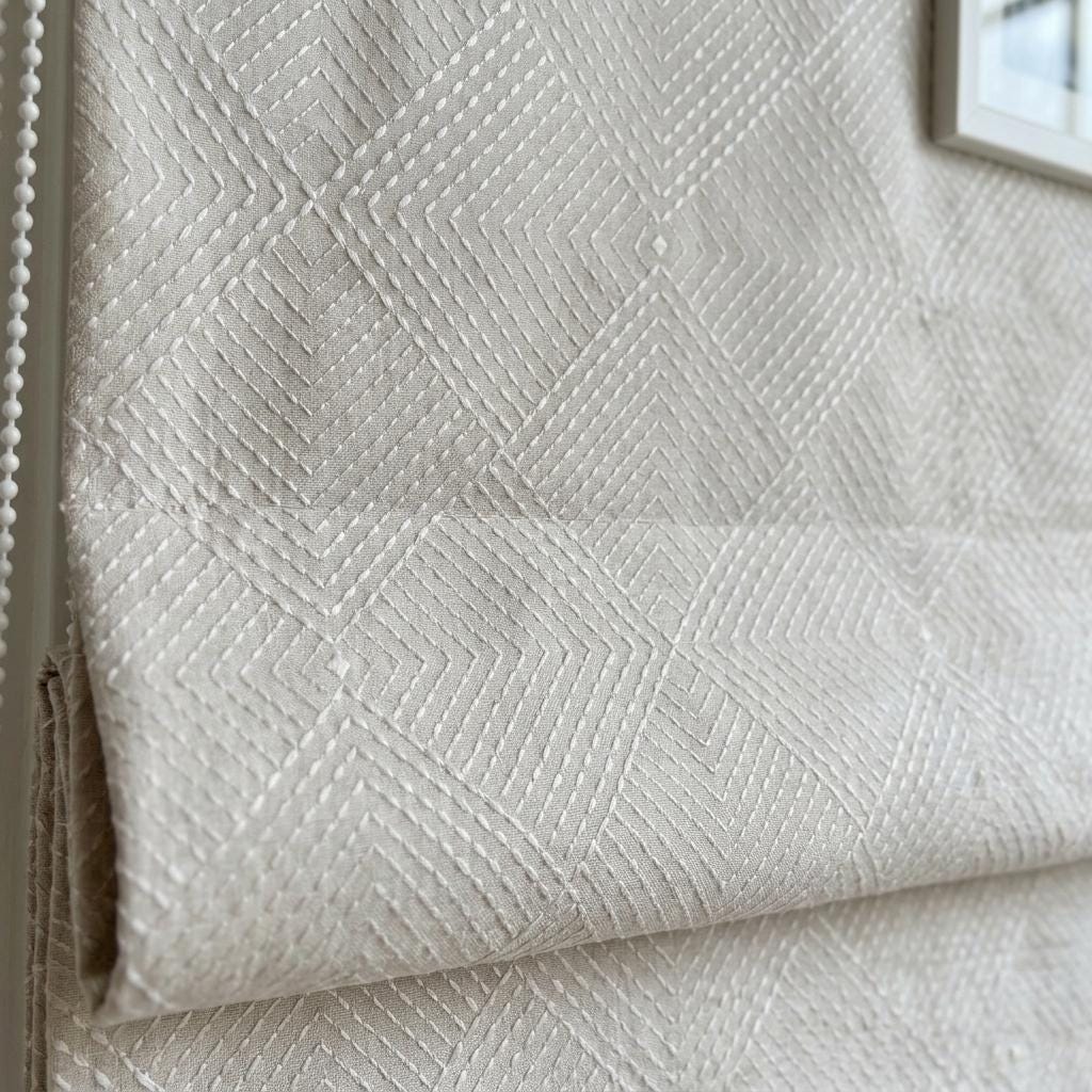 Seminatural Pearl Linen Roman Shade, White Diamond Geometric Embroidered Blind, Blackout or Light Filtering — image 4