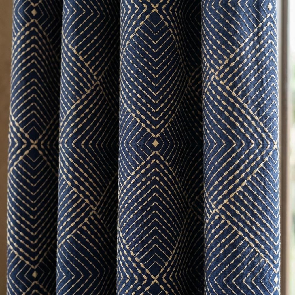 Navy Gold Pure Linen Curtains, Ivory Champagne Diamond Embroidered Drapes, Custom Blackout or Light Filtering Panels — image 1