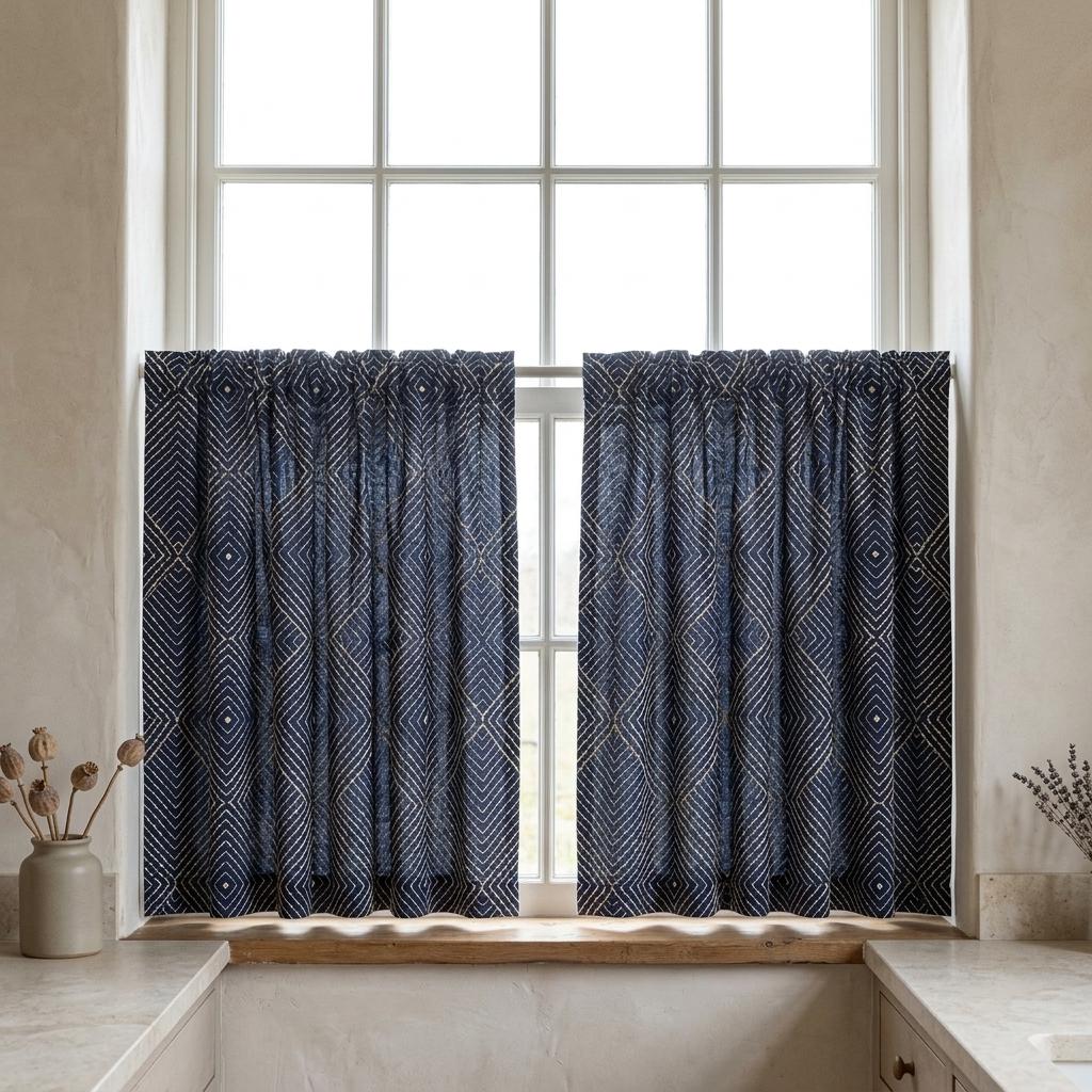 Navy Gold Pure Linen Curtains, Ivory Champagne Diamond Embroidered Drapes, Custom Blackout or Light Filtering Panels — image 8
