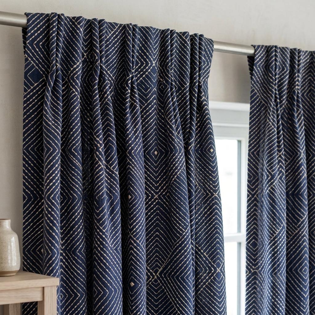 Navy Gold Pure Linen Curtains, Ivory Champagne Diamond Embroidered Drapes, Custom Blackout or Light Filtering Panels — image 7