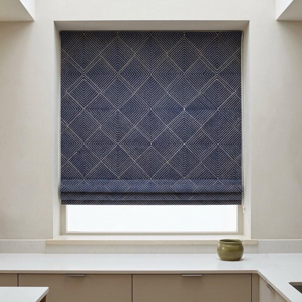 Navy Gold Pure Linen Roman Shade, Ivory Gold Geometric Diamond Embroidered Custom Blind, Blackout or Light Filtering — image 4