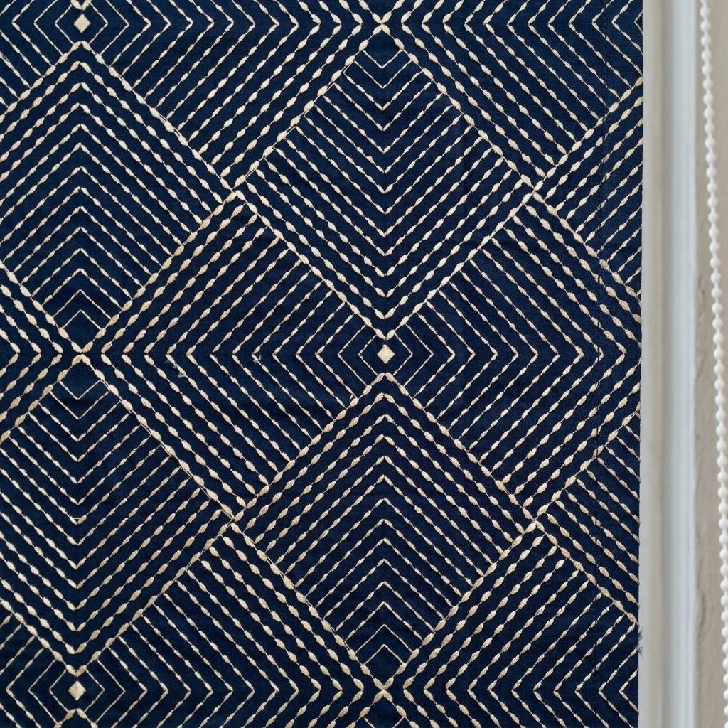 Navy Gold Pure Linen Roman Shade, Ivory Gold Geometric Diamond Embroidered Custom Blind, Blackout or Light Filtering — image 3
